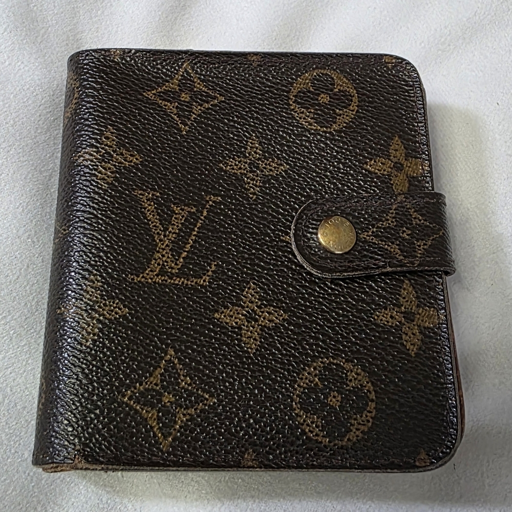 Vntg Louis Vuitton Monogram Compact Bifold Zip Wallet Made in Spain Brown Canvas